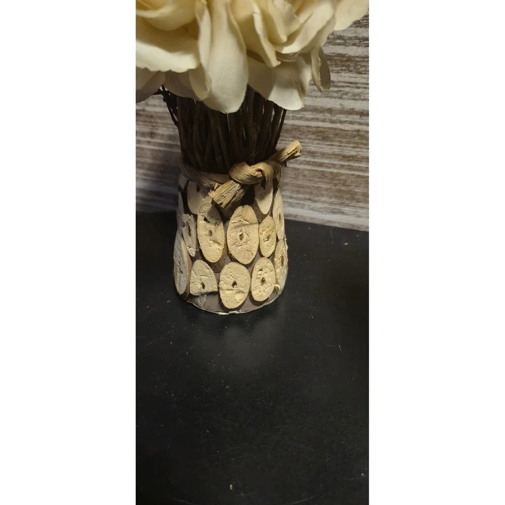 Cream Faux Rose Floral Arrangement in Rustic Wood Slice Base Farmhouse‎ Decor
